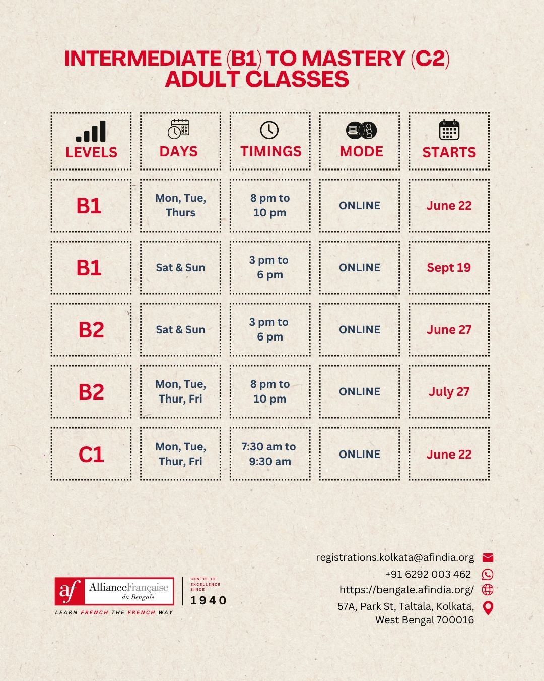 Alliance française du Bengale_Upcoming batche