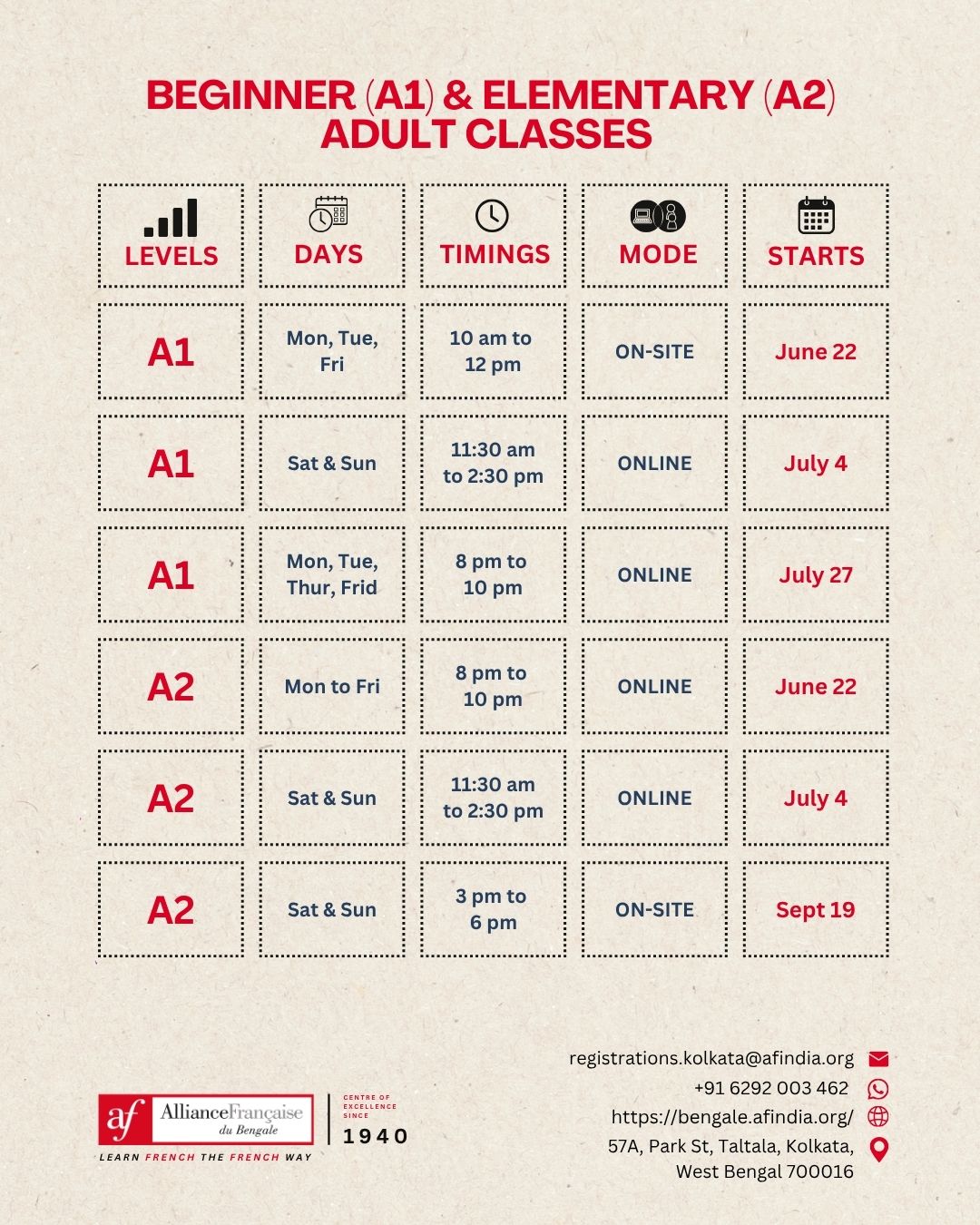 Alliance française du Bengale_Upcoming batches